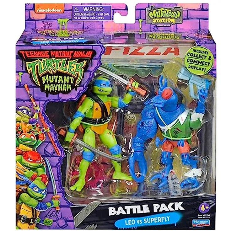 Playmates Teenage Mutant Ninja Turtles Leonardo vs. Super Fly, Actionfiguren 2er-Pack mit 12 Gelenkpunkten und Hintergrunddiorama, 11 cm und 10,8 cm