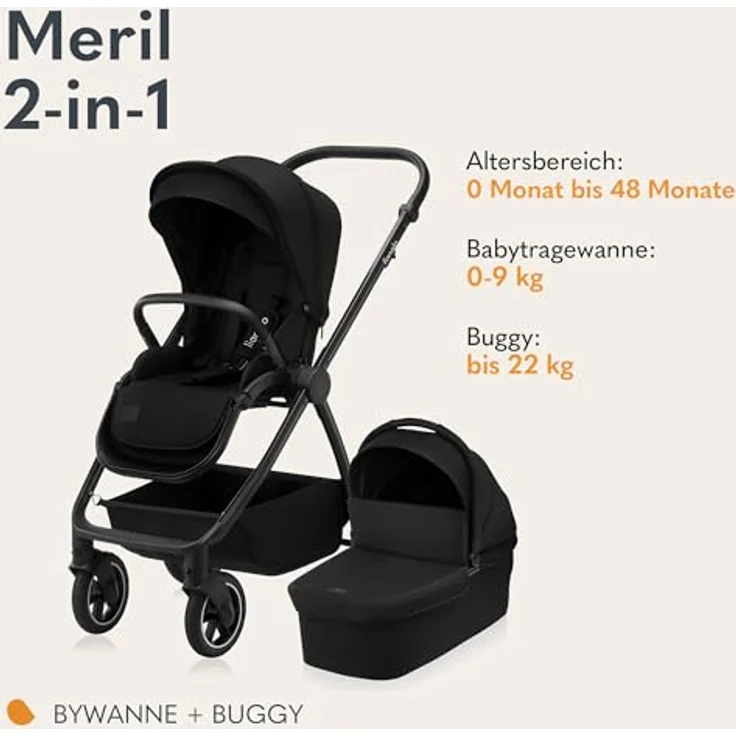 Lionelo Meril 2-in-1 Kombikinderwagen, XL-Babywanne bis 9 kg, Buggy bis 22 kg, geländegängige Gummiräder, Vollfederung, XXL-Verdeck - Black – Bild 2