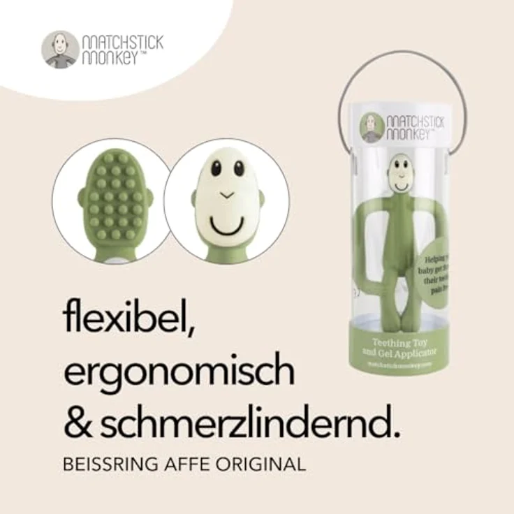 Matchstick Monkey - Beißring Affe Original - Baby Zahnungshilfe, weiche Noppen, 100% Silikon, BPA-frei, ab 3 Monaten (olivgrün) – Bild 2