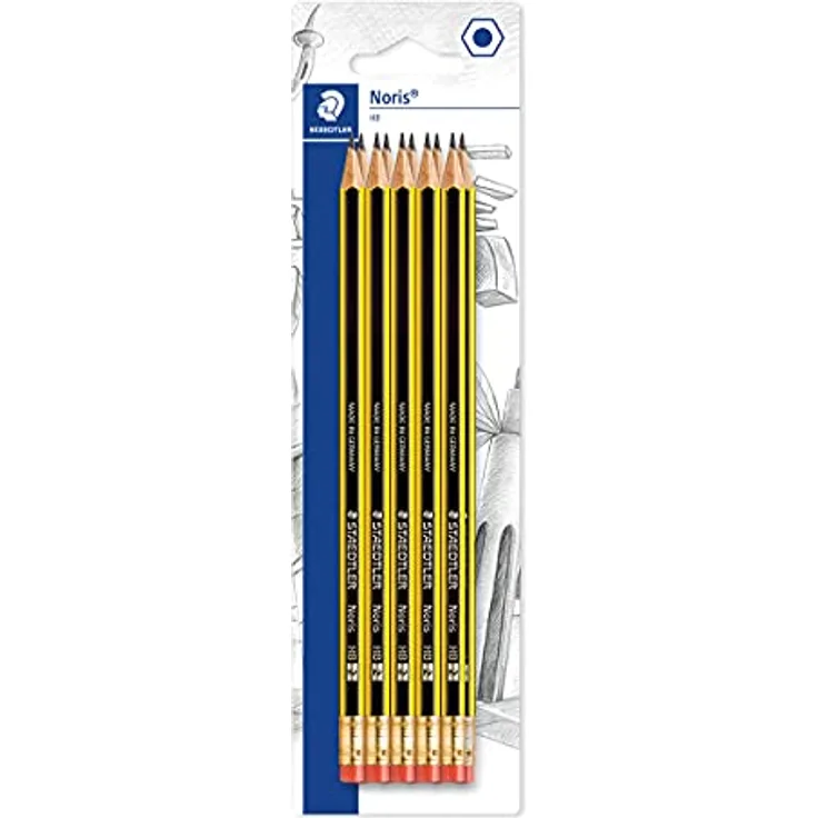STAEDTLER Bleistifte mit Radiergummi Noris, HB, sechskantformat, hohe Bruchfestigkeit durch spezielle Minenrezeptur und hartverleimte Mine, Set mit 10 Bleistiften, 122-2 BK10