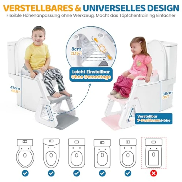 Orzbow Toilettensitz Kinder mit Treppe, stabiler Dreiecksstruktur, verstellbarem Pedal- und Spritzschutz, rutschfest und faltbar, grau – Bild 3
