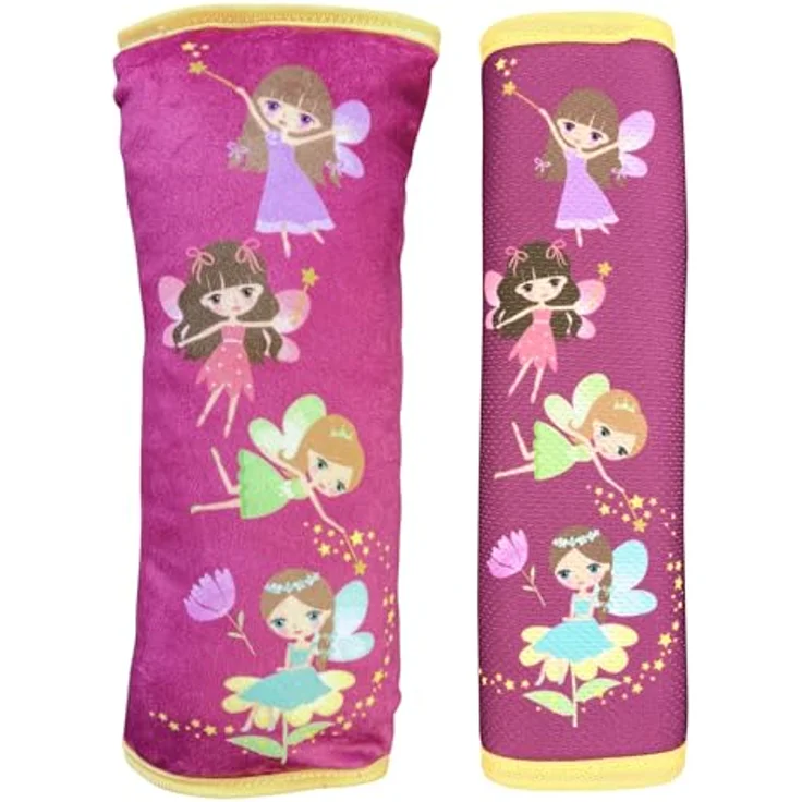 HECKBO Fee Gurtschoner und Kissen Set, ergonomisches Auto Zubehör mit kuschelweichem Design und waschbarem Bezug, für komfortable Reisen in Farbenfrohem Fee-Motiv – Bild 1