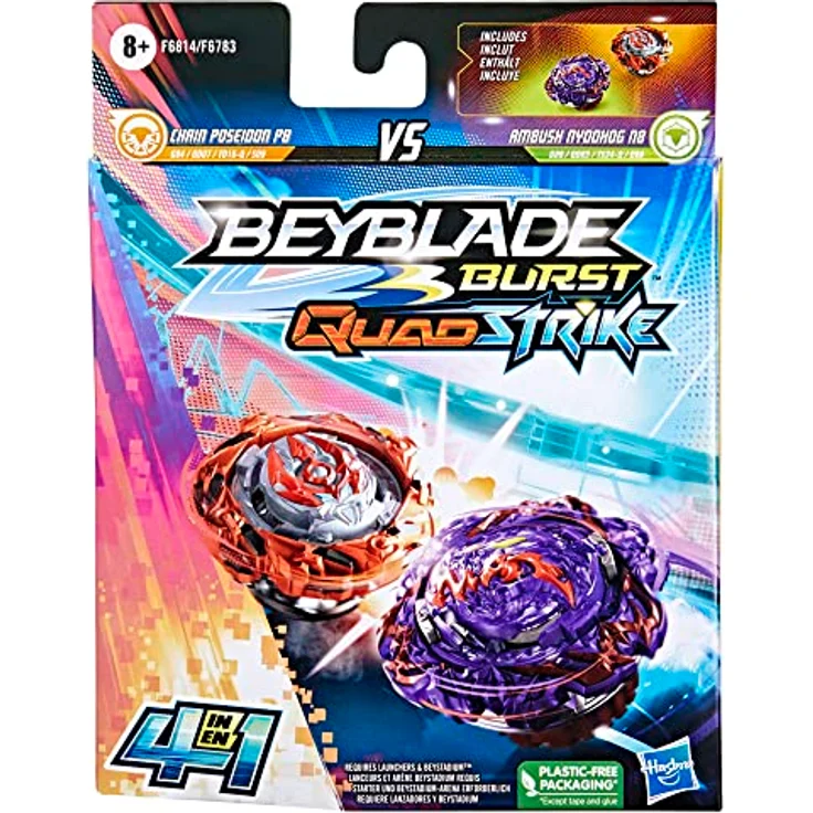 Beyblade Burst QuadStrike Dual Pack, 2 Stück Wettkampfkreisel Ambush Nyddhog N8 und Poseidon P8 – Bild 2