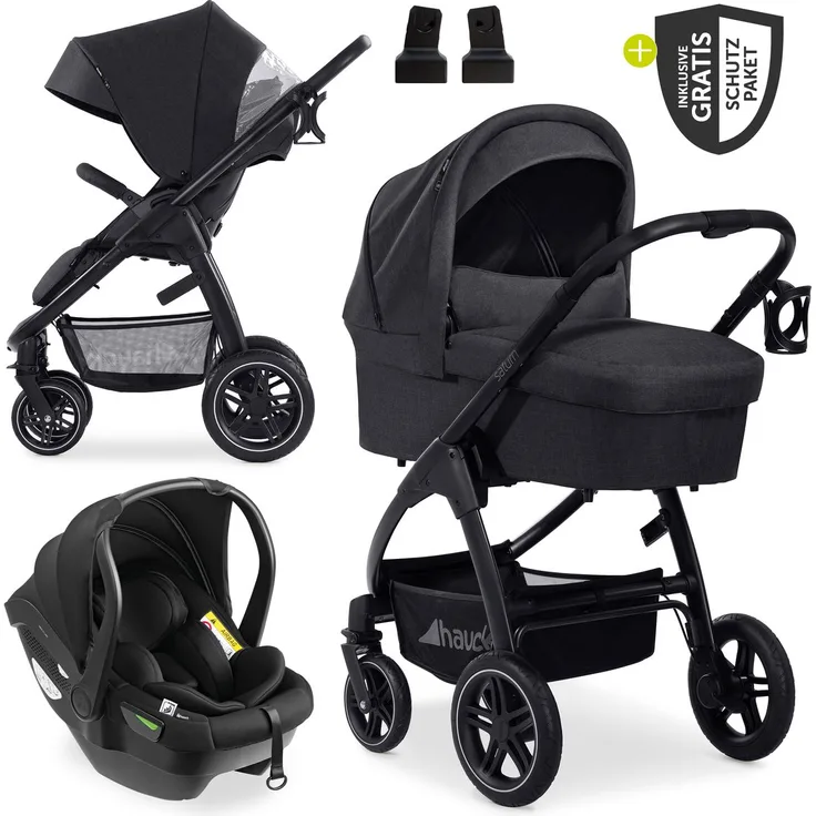 Hauck Saturn R 3in1 Kinderwagen-Set, inkl. i-Size Babyschale Drive N Care, Melange Black, mit XXL Zubehörpaket und Gratis Mobilitätsgarantie