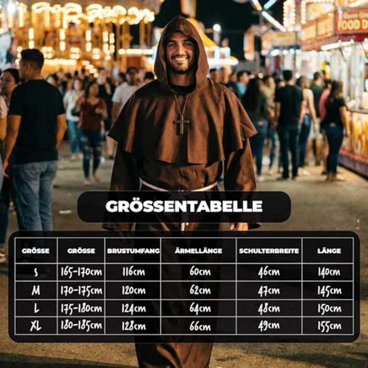 OriginalCorner® AirSuit® Mittelalterliches Mönch Kostüm für Erwachsene, lange Robe mit Kapuze und Holzkreuz, Größe M (170-175 cm) für Halloween und Karneval – Bild 4