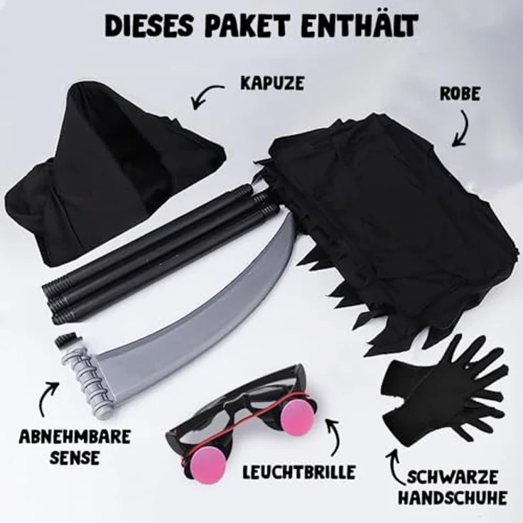 OriginalCup® Sensenmann Kostüm für Kinder, inkl. Vollkapuze, Kleid, Sense, Leuchtbrille, Handschuhe, Größe 100-130 cm, ideal für Halloween-Cosplay – Bild 3