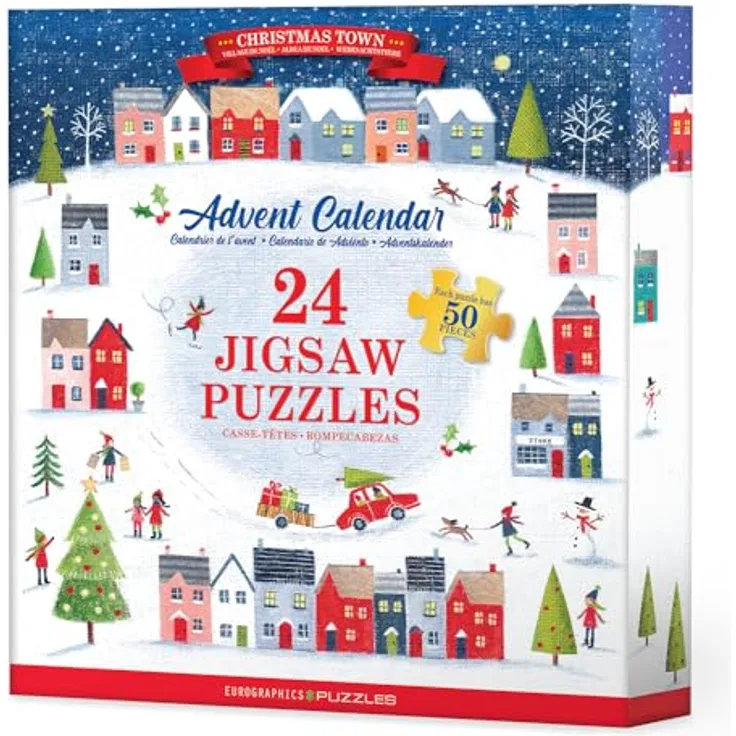 Eurographics Puzzle Advent Calendar - Christmas Town, 24 individuelle Puzzles mit je 50 Teilen, Gesamt 1200 Teile, 12,5 x 12,5 cm