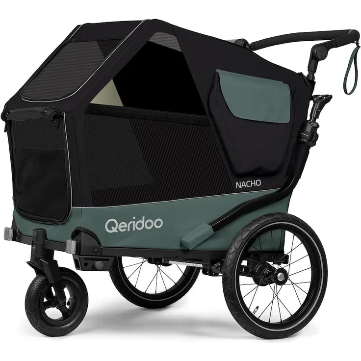 Qeridoo Nacho Hundeanhänger Gr. M, flexibler Fahrradanhänger & Buggy für Hunde bis 25kg, Green M mit Becco-Schnellkupplung und LED-Licht