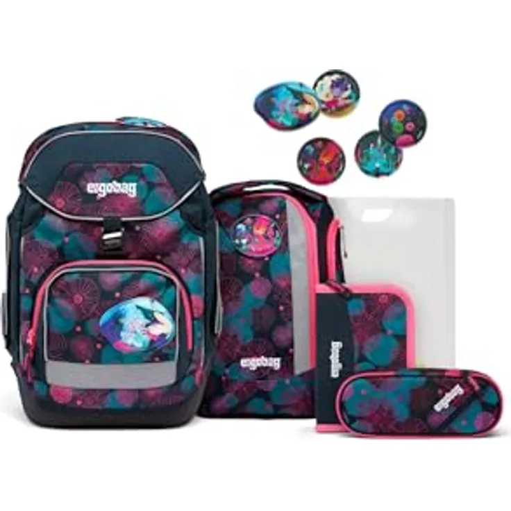 ergobag Schulranzen pack Set (6-tlg.), ergonomischer Rucksack mit recycelten Kletties und Your-Size-System, farbenfrohes Design