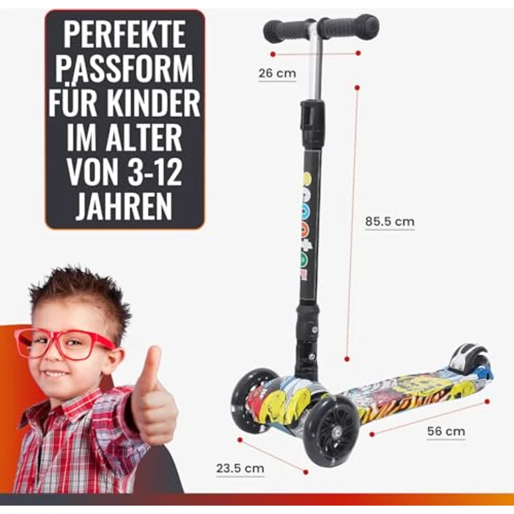 Europebazar Habib Kinderroller Metall-Roller 3-Rad, klappbar mit LED Licht, bis 50kg, Schwarz – Bild 8