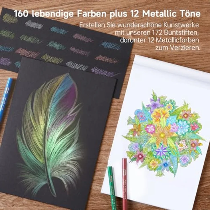Shuttle Art 172 Buntstifte Set, 172 Farben inkl. 12 Metallfarben, bruchfeste Holzstifte für Färben und Skizzieren – Bild 4