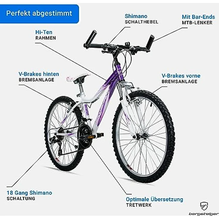 Bergsteiger Verona 24 Zoll Kinderfahrrad, geeignet für 8, 9, 10, 11 Jahre, Shimano 18 Gang-Schaltung, Mountainbike mit Gabel-Federung, Mädchen-Fahrrad – Bild 5