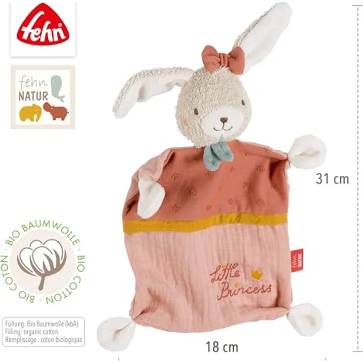 Fehn Schmusetuch Hase "Princess" – mit individuell gesticktem Slogan "Little Princess" – Bio-Baumwolle (kbA) – für Babys & Kleinkinder ab 0+ Monaten – Bild 4
