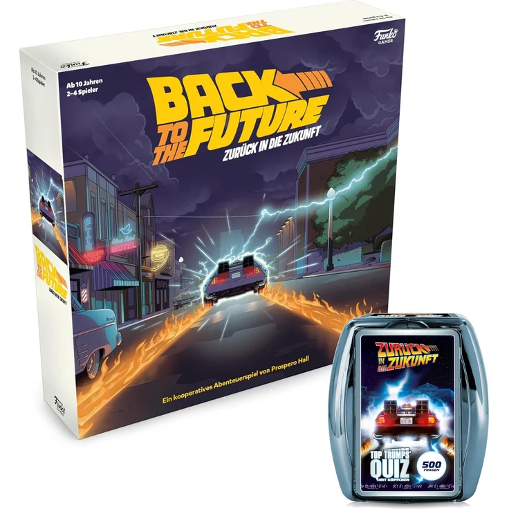 Gomazing Zurück in die Zukunft Spiele-Bundle, kooperatives Brettspiel und Quizspiel für 2-4 Spieler, mit DeLorean und 500 Quizfragen