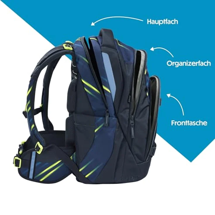 coocazoo Schulrucksack MATE, Ergonomischer Rucksack mit Easy-Grow-System, Farben: Fast Lime und Blau, Volumen: 30 l – Bild 3