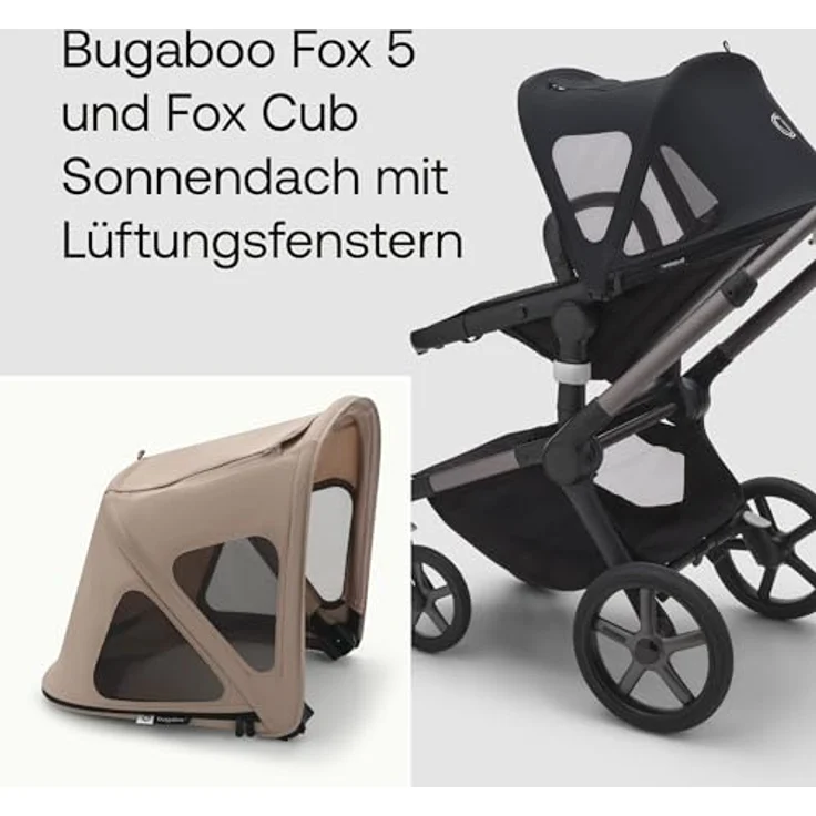 Bugaboo Fox und Fox Cub Sonnendach mit Lüftungsfenstern, ausziehbar, wasserabweisend, Dune Taupe – Bild 2