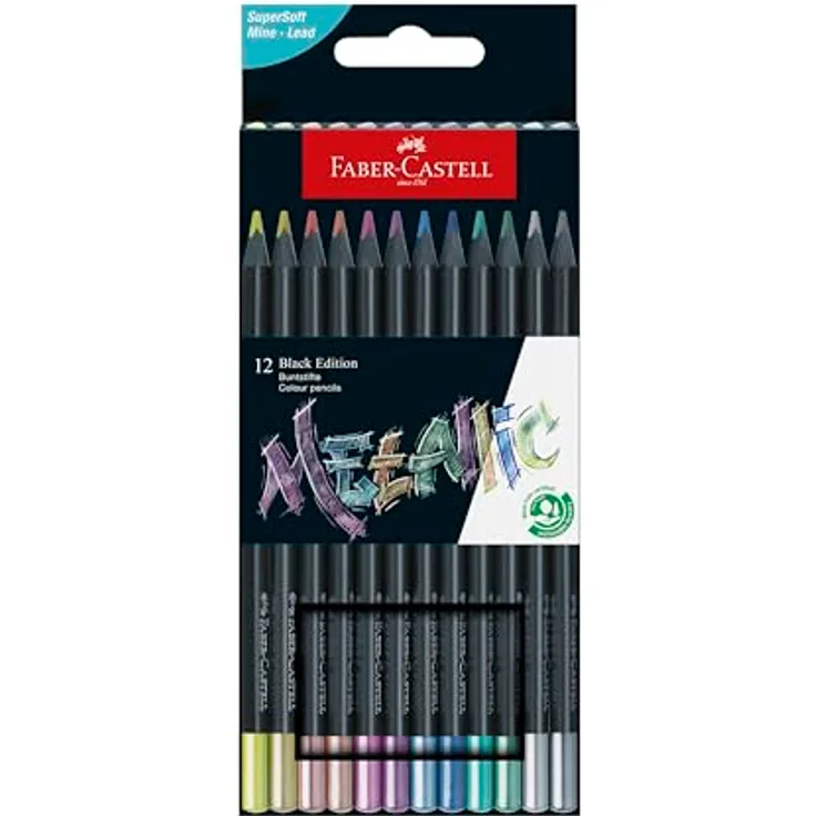 Faber-Castell Black Edition Metallic-Buntstifte: 12 Stück, schwarzes Holz und superweiche Mine