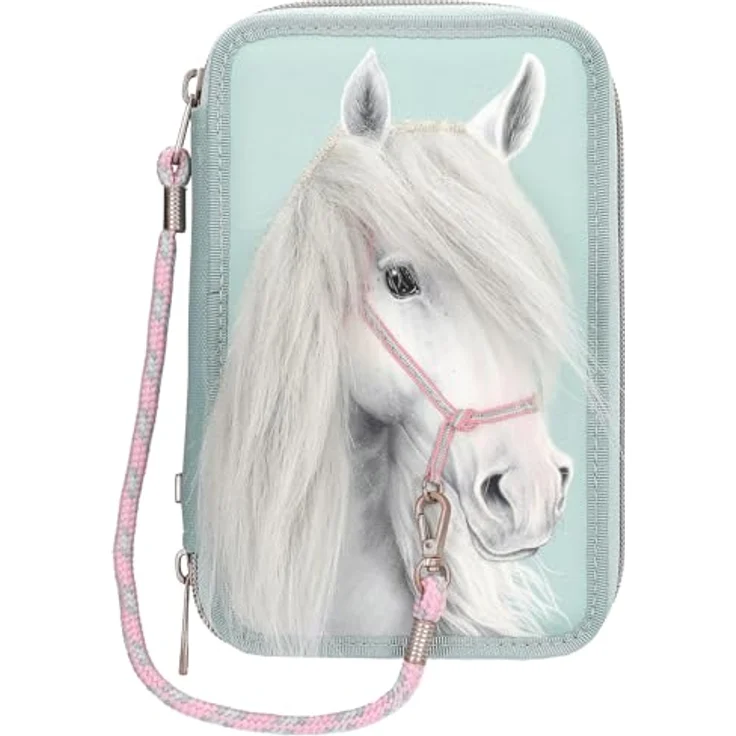 Depesche 13692 Miss Melody, Gefüllte 3-Fach Federtasche in Salbeigrün mit Pferdekopf Applikation, inkl. Buntstifte, Schere, Lineal und Zubehör – Bild 1