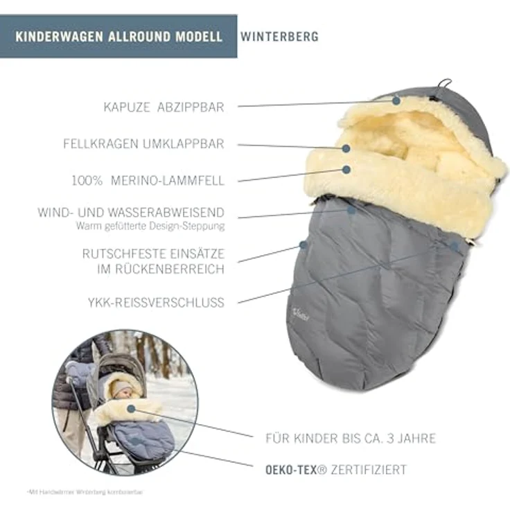 Fellhof® Lammfell Fußsack WINTERBERG, OEKO-TEX® zertifiziert, 50x98 cm, wind- und wasserdicht, grau, mit abzipbarer Kapuze und verstellbaren Gurtschlitzen, waschbar bis 30°C – Bild 3