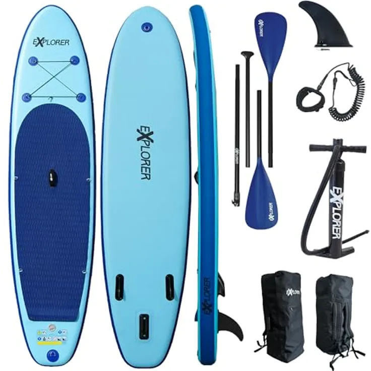 EXPLORER ISUP ALF2, aufblasbares Stand Up Paddle Surfboard, 320 cm mit DTEX-1000D-Dropstitch-Technologie, 6"/15cm dick, D-Ringe für Kajak-Sitz und Leash, optimierte Rockerlinie, Neopren-Tragegriff