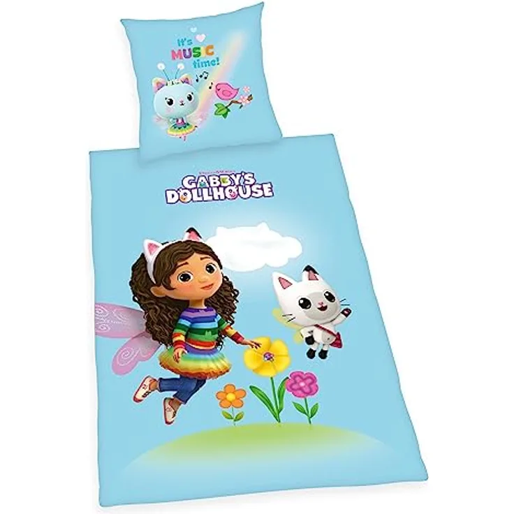 Herding Bettwäsche-Set Gabby's Dollhouse, Kopfkissenbezug 80 x 80 cm, Bettbezug 135 x 200 cm, Mit leichtläufigem Reißverschluss, Baumwolle