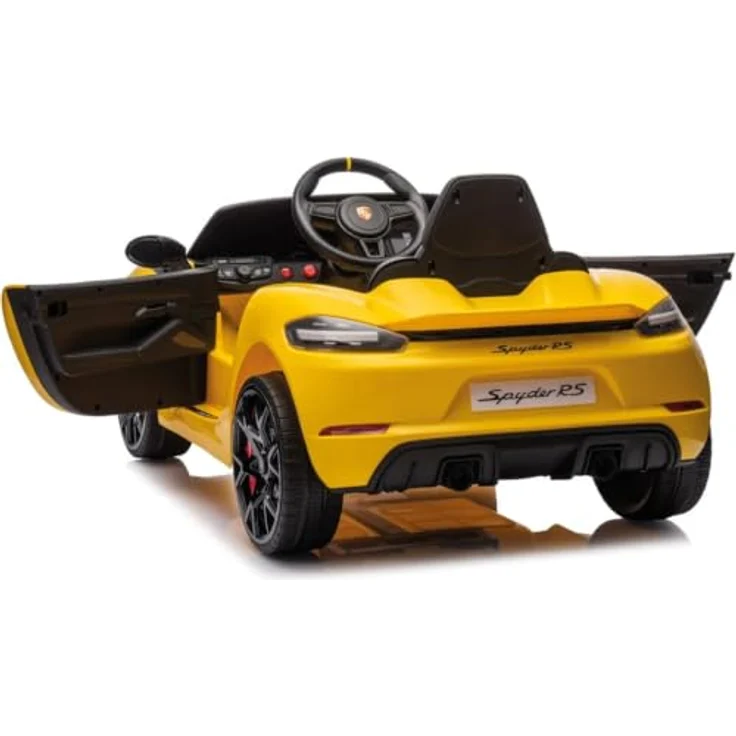 Vrooomy Porsche 718 Spyder RS, Kinder Elektroauto 12V mit Fernbedienung, für 1 bis 5 Jahre, Gelb, MP3-Player, Sicherheitsgurt, LED-Beleuchtung – Bild 2