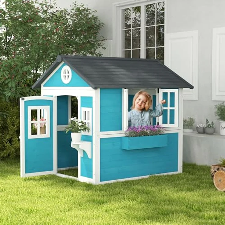 Outsunny Kinderspielhaus aus Holz, Outdoor Spielhaus mit Fenster, Blumenregal und Pflanzenkasten, für Kinder 3-8 Jahre, blau – Bild 2