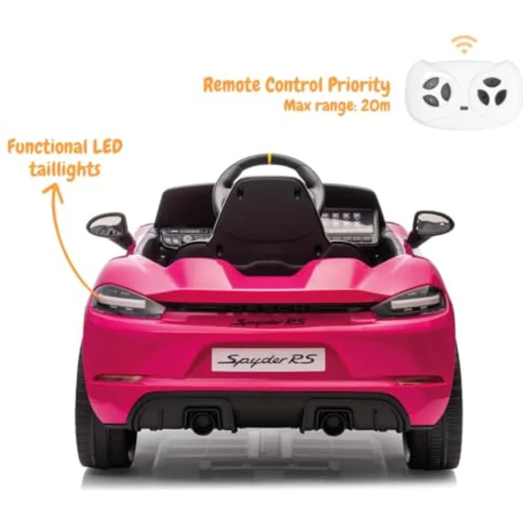 Vrooomy Kinder Elektroauto Porsche 718 Spyder RS, 12V mit Fernbedienung, rosa, für 1 bis 5 Jahre, MP3-Player, LED-Beleuchtung, Sicherheitsgurt – Bild 3