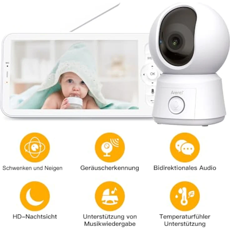 ARENTI Baby Monitor: 1080P Kamera, 5’’ Screen, Nachtsicht, PTZ, EIN-Touch-Anruf, VOX, Gefahrenzonen, Bewegungserkennung, Musik - Ideal für Babypflege – Bild 2