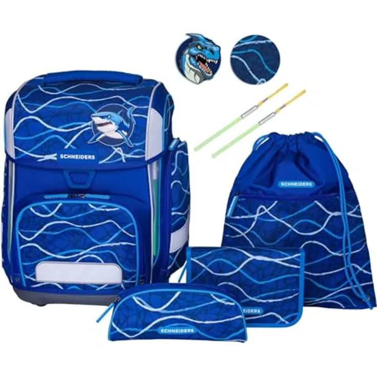 Schneiders Ergolite Schulranzen Set 9-teilig, ergonomisches Tragesystem, reflektierende Elemente für Sicherheit, 22 Liter Volumen, blau