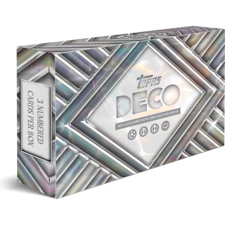 Topps UEFA Club Competitions Deco 2025/26 Hobby Box, 24 Packs mit 8 Karten, inklusive Base Cards, Inserts und seltenen Autograph- und Relic-Karten