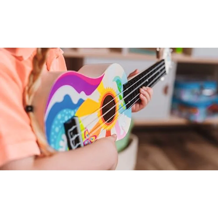 goki 61847 Ukulele Flower Power, Kinder-Ukulele aus Holz, 53 cm, 4 Saiten, Retro-Design im 60er-Jahre Stil mit Plektron & Ersatzsaiten, ideales Lerninstrument für Anfänger – Bild 3