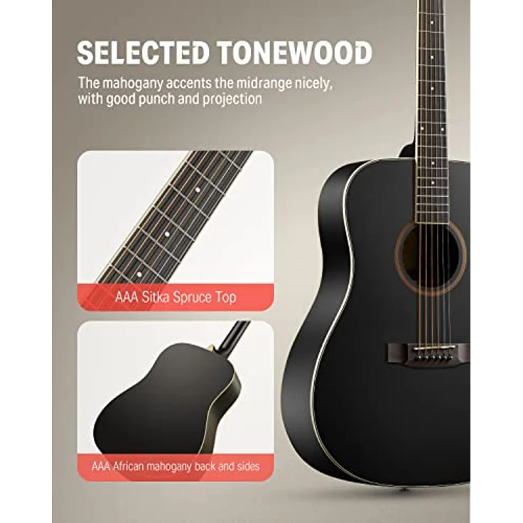 Donner Guitar Acoustic Beginners Full Size Acoustic Guitar Adult Set 4/4 Dreadnought 41 Inch with Gig Bag Capo Plectrums Strap Strings (Black) – Bild 3