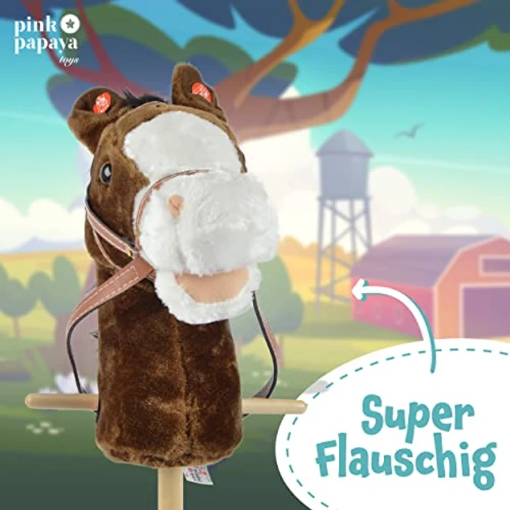 Pink Papaya Steckenpferd, Happy, braunes Steckenpferd aus Plüsch mit schwarzer Mähne und Soundeffekten – Bild 6