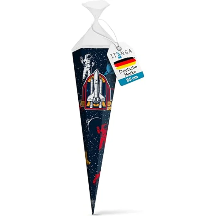 itenga Schultüte 85cm Weltraum Space Astronaut 6-eckig mit Tüllverschluss, stabil und formfest, Zuckertüte für Jungen zur Einschulung – Bild 1