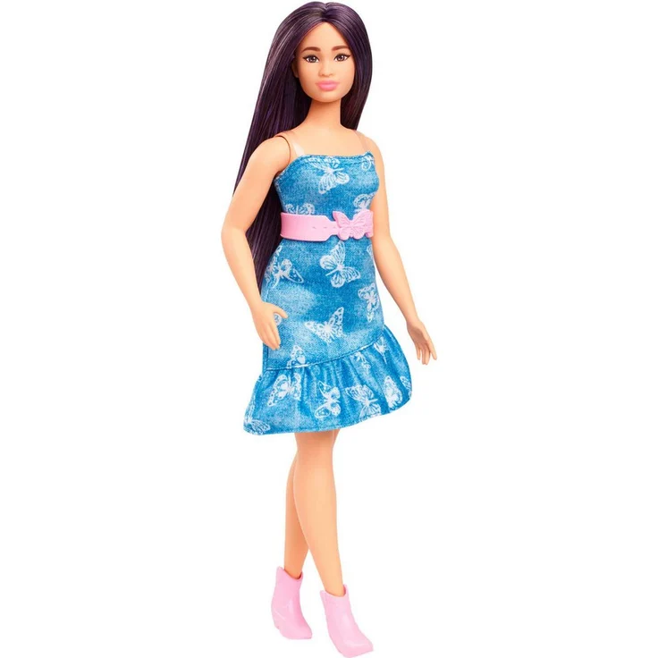 Barbie Anziehpuppe Fashionistas, Nr. 231 mit Denim-Schmetterlingskleid und violettem Haar – Bild 1