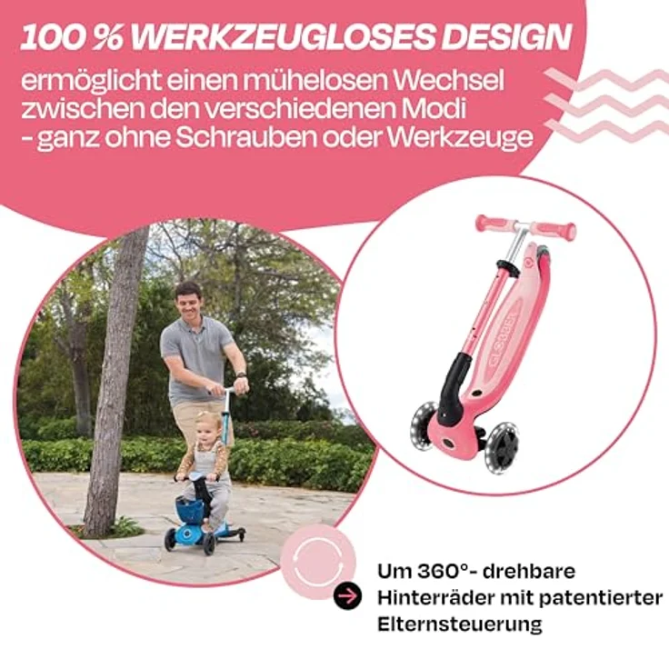 Globber GO-UP BABY 360 LIGHTS coral pink-pastellrosa, 3-in-1 Kinderfahrzeug mit LED-Leuchten und Klappmechanismus – Bild 3