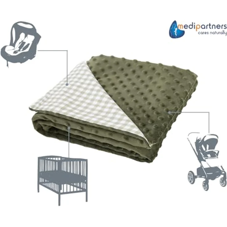 Medi Partners Babydecke, Kuscheldecke 75x100cm aus 100% Baumwolle mit olivfarbenem Minky, doppelseitig und antiallergisch, ideal für Neugeborene und Kleinkinder – Bild 4