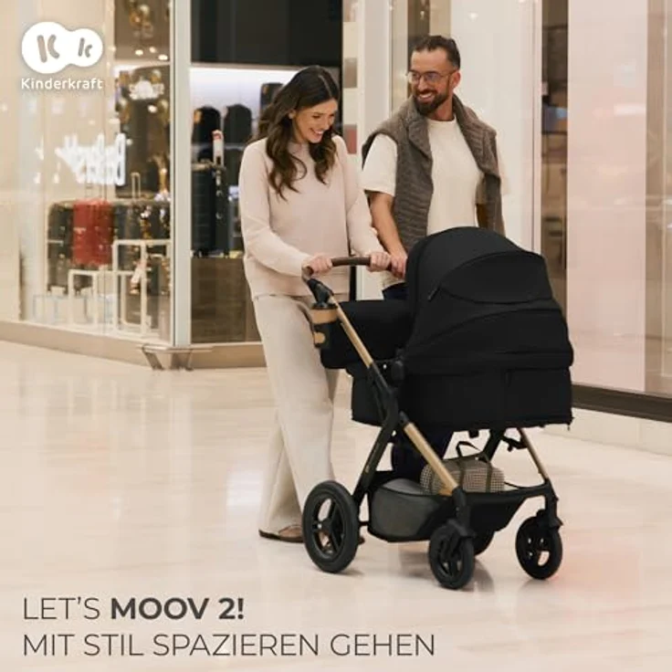 Kinderkraft MOOV XL, 3-in-1 Kinderwagenset bis 27 kg mit I-SIZE Kindersitz (40-75 cm), große aufblasbare Räder, dämpfender 2-in-1 Sitz, XL Babywanne, Zubehörset, Schwarz – Bild 2