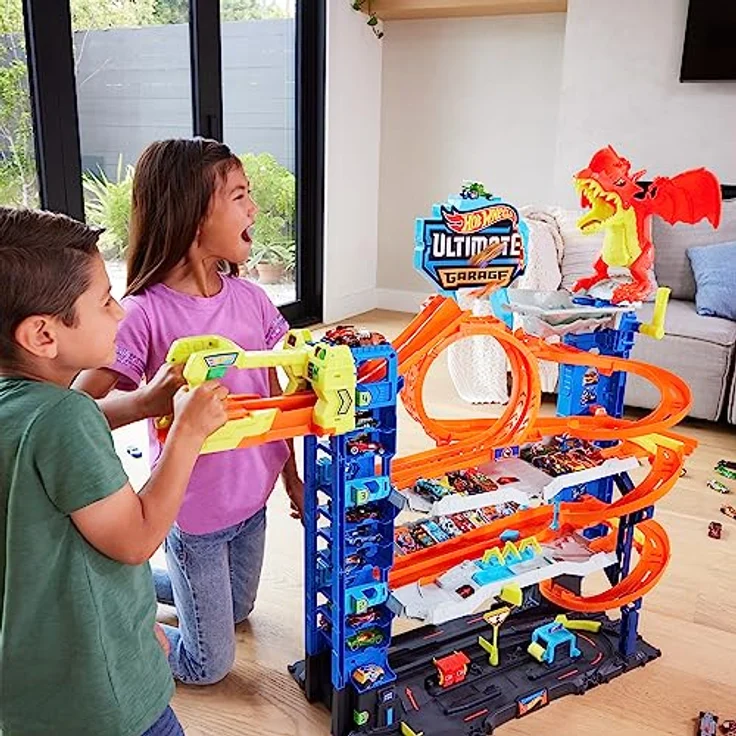 HOT WHEELS Ultimative Garage - Mehrere Ebenen, Rennspaß, Stunt-Abenteuer, Drachenkampf, Autowaschanlage, Looping, Spurwechsler, Fahrstuhl, 2 Autos, für Kinder ab 5 Jahren, HKX48 – Bild 2