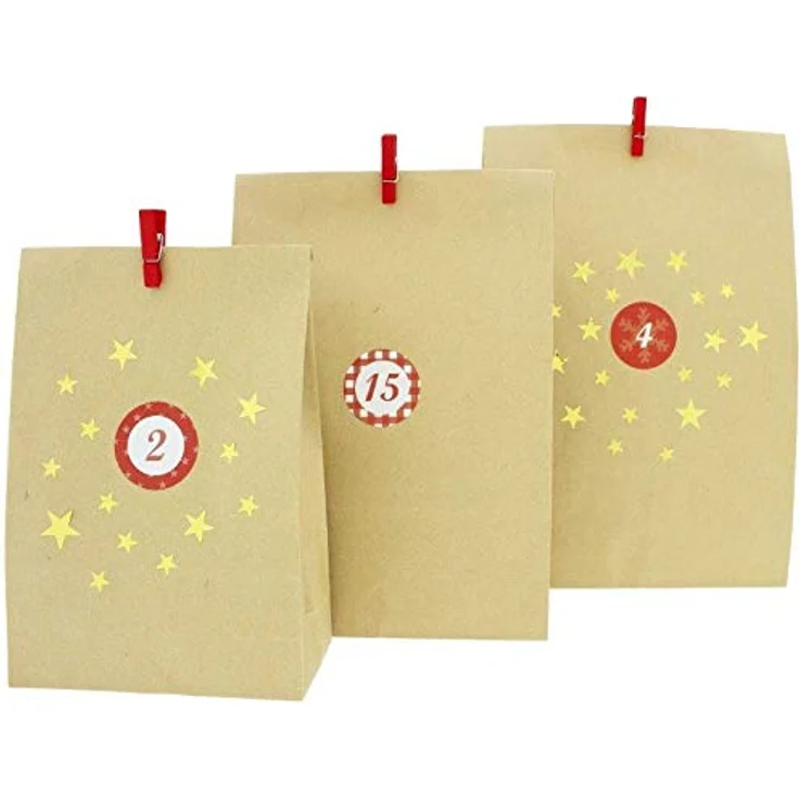 Annastore DIY Adventskalender zum Befüllen 72-teilig + 134 Sterne-Sticker - Papiertüten Weihnachten - Braune Geschenktüten - Preisvergleich – Bild 4