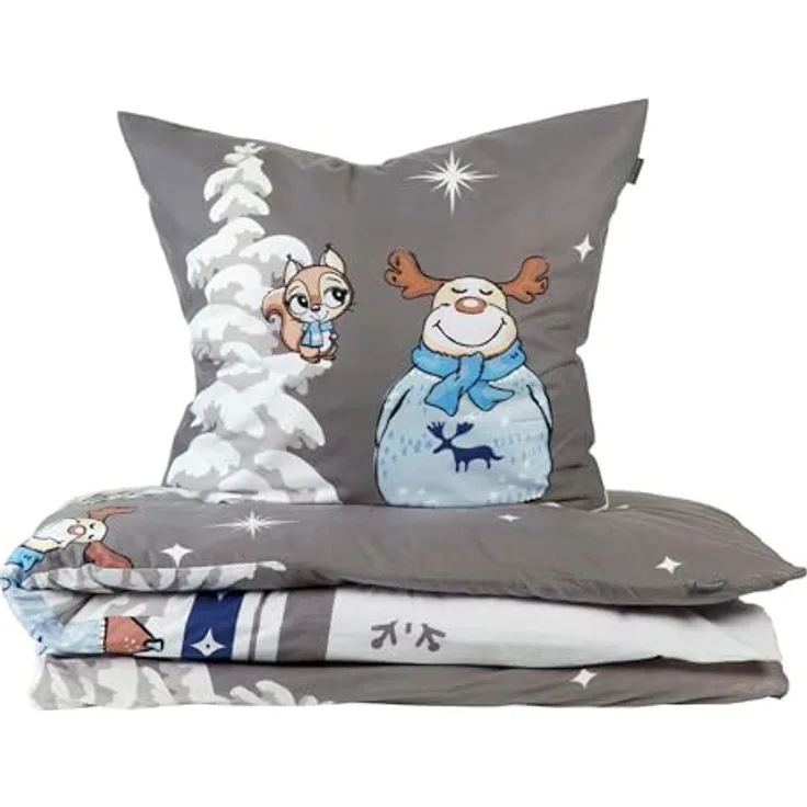 Schiesser Feinbiber Bettwäsche Set Kitta mit coolem Winter-Print, Farbe:Grau und Hellblau, Größe:135 cm x 200 cm