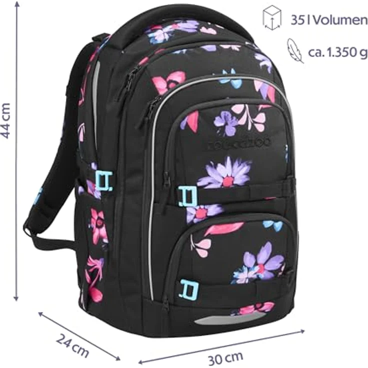 Coocazoo PORTER Schulrucksack „Floral Artnight”, schwarz-blau, ergonomisch, höhenverstellbar, mit Brustgurt & Hüftgurt, für 3. Klasse, 5 Fächer, reflektierend, nachhaltig – Bild 2