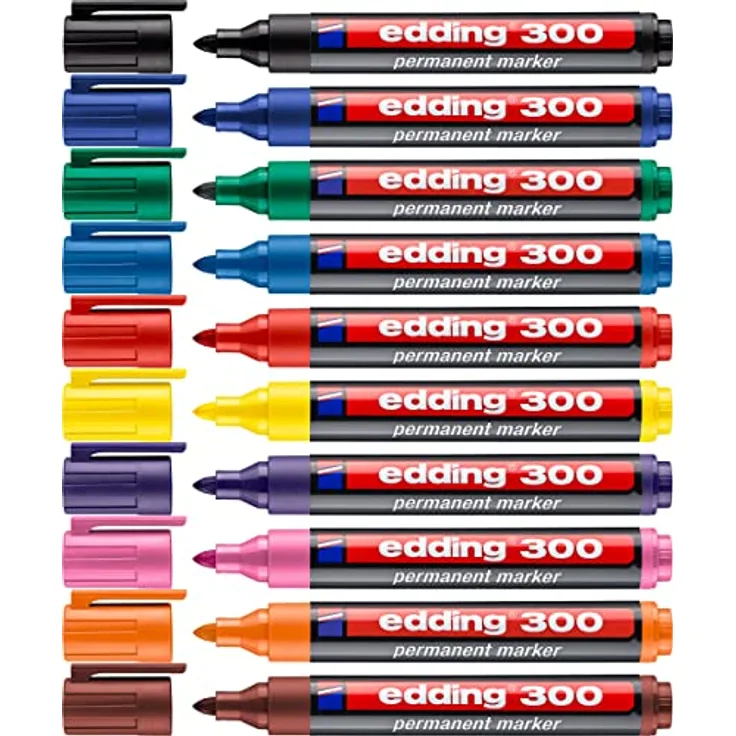 edding 300 Permanentmarker -10 Farben - 10 Stifte - Rundspitze 1,5-3 mm - wasserfest, schnell-trocknend - wischfest - für Karton, Kunststoff, Glas, Holz, Metall, Glas
