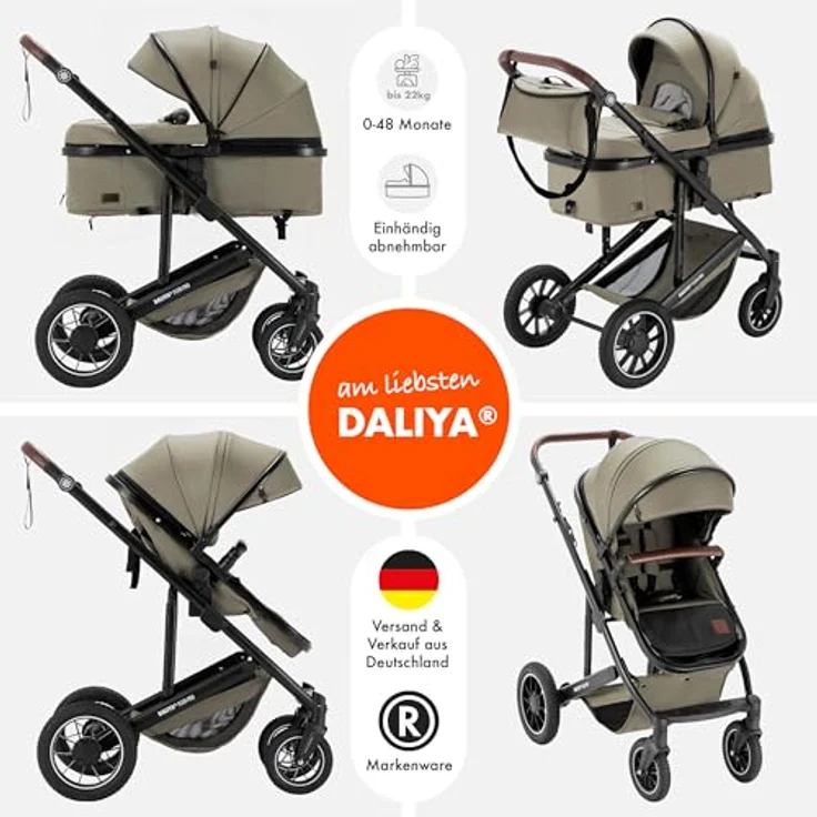 Daliya FLEXI-PRO M 2in1 Kombikinderwagen, klappbar, höhenverstellbar, mit Liegefunktion und großem Einkaufskorb, Beige – Bild 2