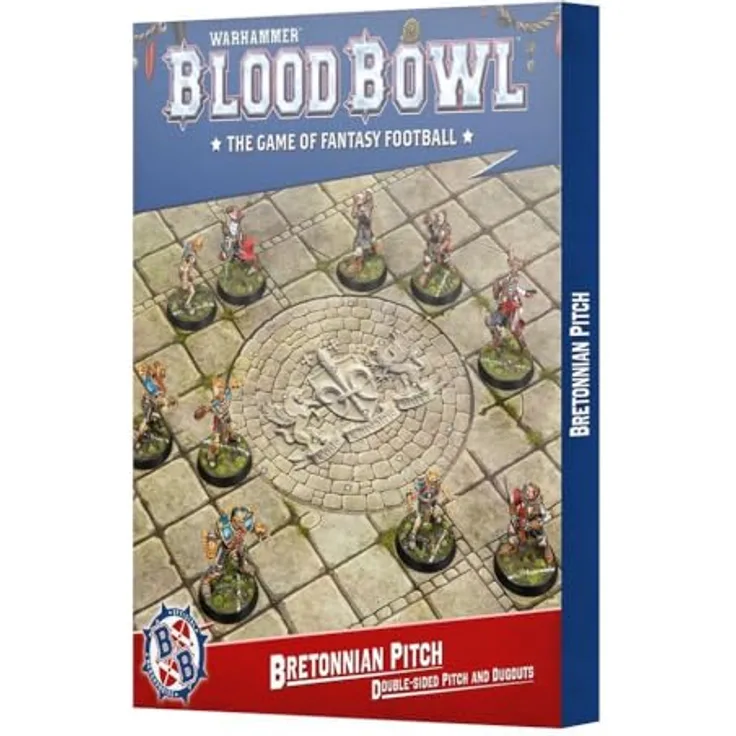 Warhammer Blood Bowl - Bretonnian Pitch & Dugouts, Doppelseitiges Spielfeld mit authentischem Bretonnischen Design und Unterstandskarten für Teammanagement