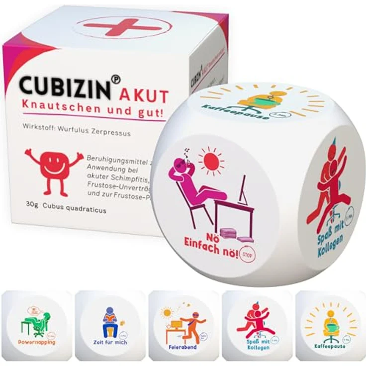 GLÜCKSGUT® Anti-Stress-Würfel Cubizin, 2er Pack mit 6 lustigen Motiven, inkl. Geschenkbox und Anleitung für Stressabbau im Büro – Bild 1