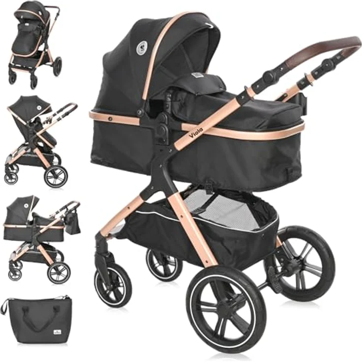 Lorelli Viola Kinderwagen 2 in 1, Umwandelbar in Sportsitz, Baby Kombikinderwagen bis 22kg, Große Gummireifen, Schwarz – Bild 1