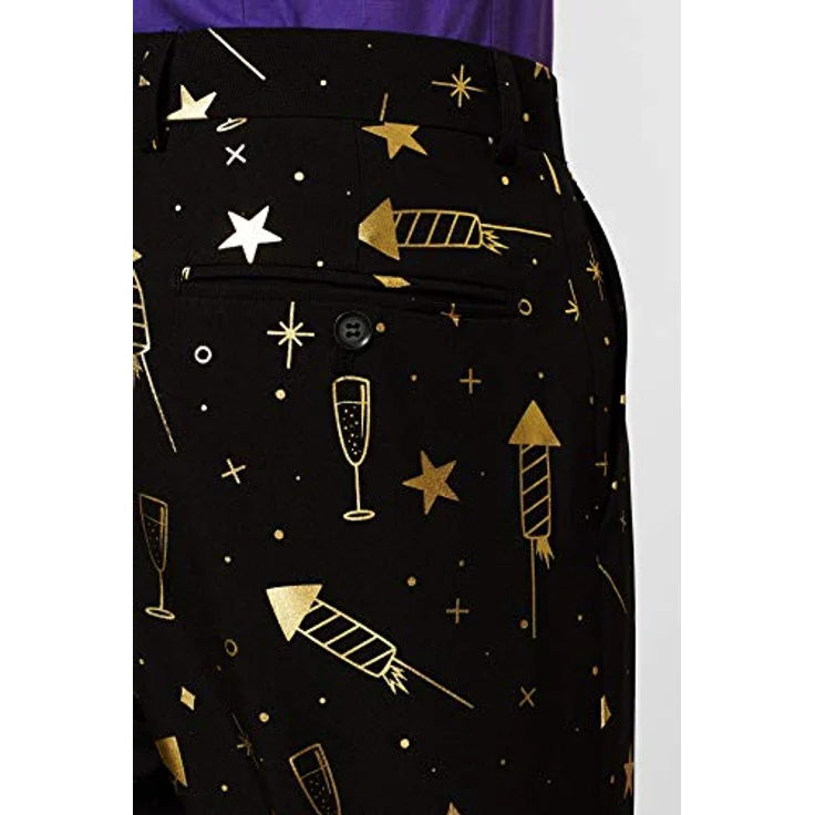 OppoSuits Fancy Fireworks (54), schwarzer Anzug mit goldenen Raketen und Sektgläsern, dreiteilig mit Jacket, Hose und Krawatte – Bild 4