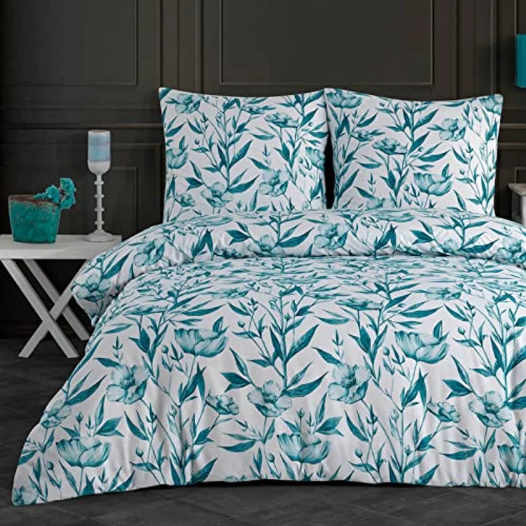 Buymax Bettwäsche 135x200 Baumwolle 2-Teilig Bettgarnitur mit Bettbezug und Kissenbezug 80x80 Renforce Bettwäsche-Set Botanisch Geblümt Blumen-Muster Blätter, Petrol Grün – Bild 1